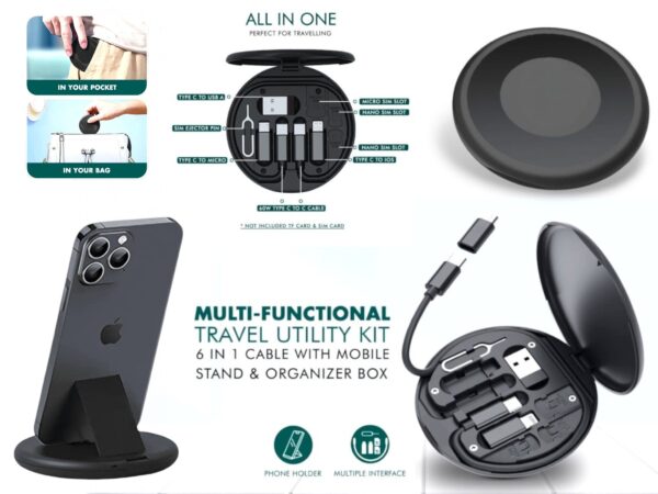 All In One Travel Cable Set with Inbuilt Mobile Stand