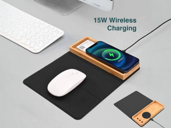 Bamboo Wireless Charger with Mousepad and Pen stand